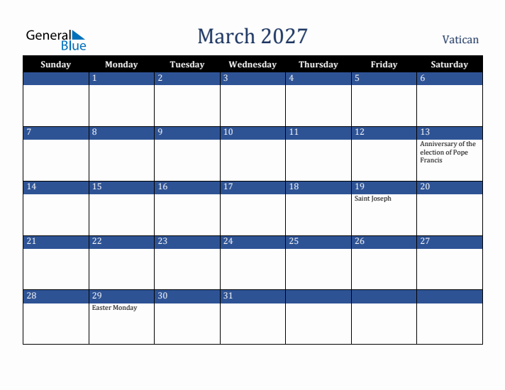 March 2027 Vatican Calendar (Sunday Start)
