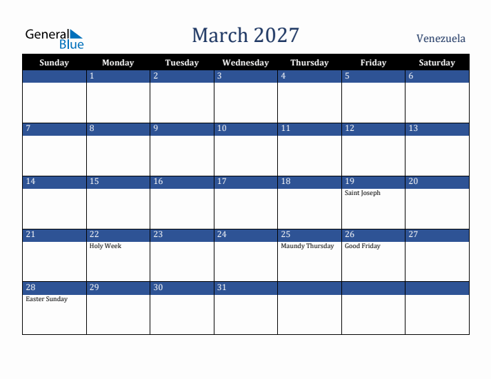 March 2027 Venezuela Calendar (Sunday Start)