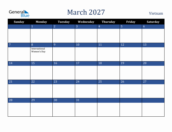 March 2027 Vietnam Calendar (Sunday Start)