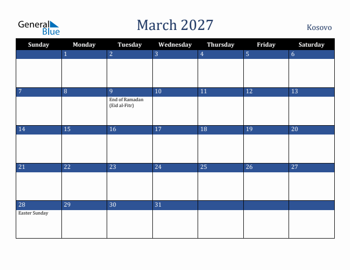 March 2027 Kosovo Calendar (Sunday Start)