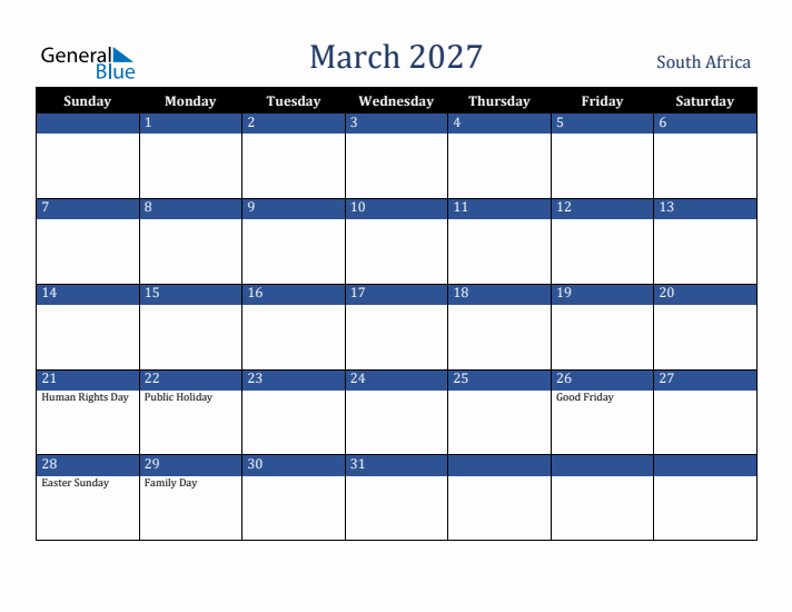 March 2027 South Africa Calendar (Sunday Start)