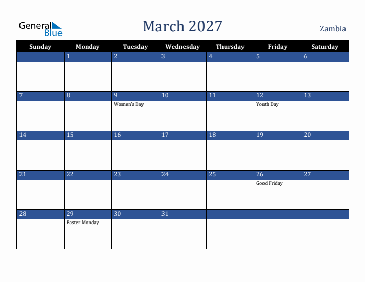 March 2027 Zambia Calendar (Sunday Start)