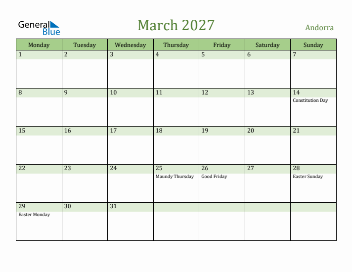March 2027 Calendar with Andorra Holidays