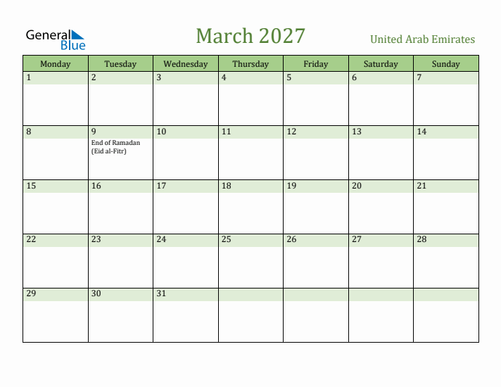 March 2027 Calendar with United Arab Emirates Holidays