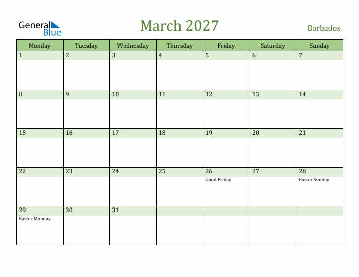 March 2027 Calendar with Barbados Holidays