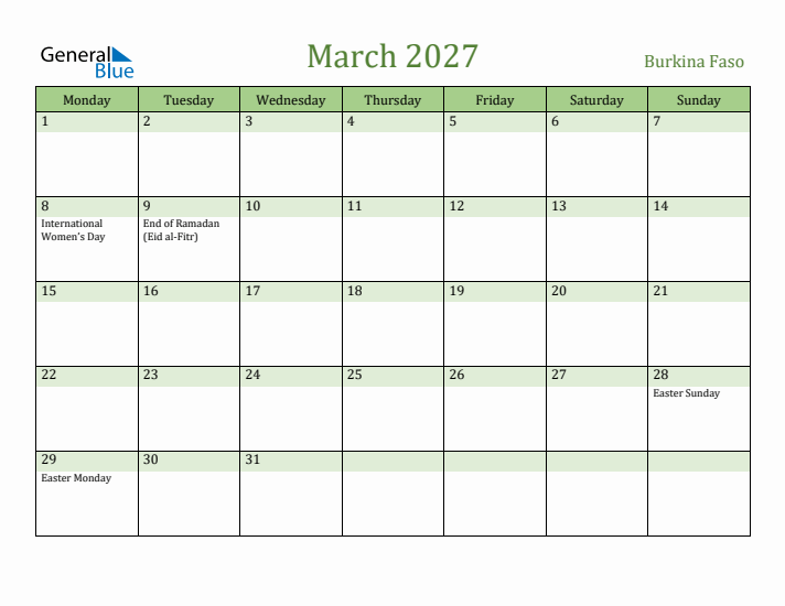 March 2027 Calendar with Burkina Faso Holidays
