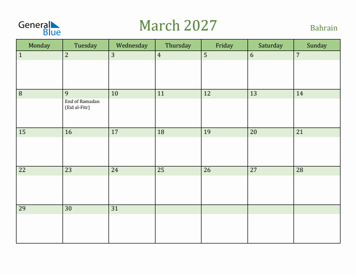 March 2027 Calendar with Bahrain Holidays