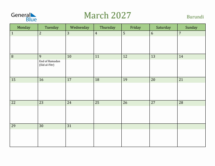 March 2027 Calendar with Burundi Holidays