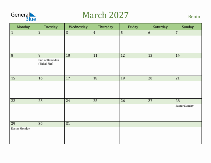March 2027 Calendar with Benin Holidays