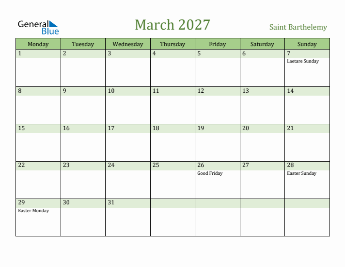 March 2027 Calendar with Saint Barthelemy Holidays