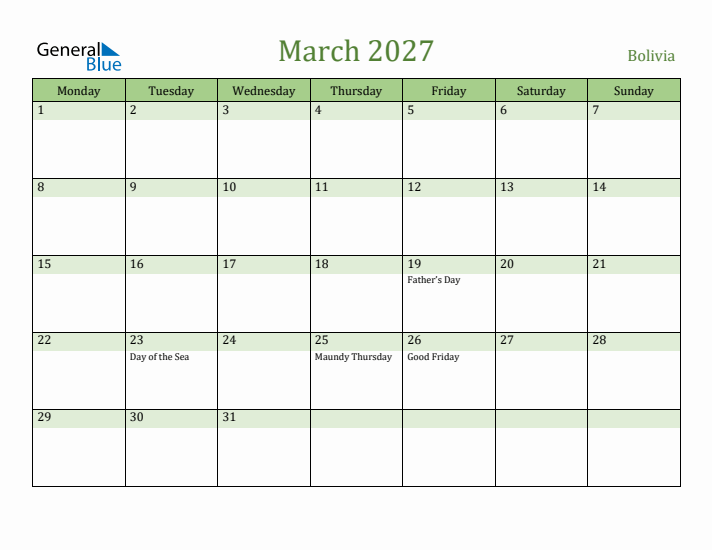 March 2027 Calendar with Bolivia Holidays