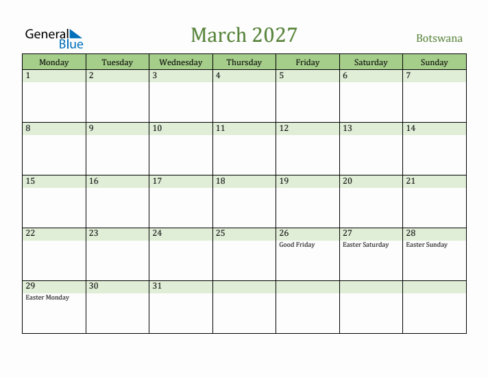 March 2027 Calendar with Botswana Holidays