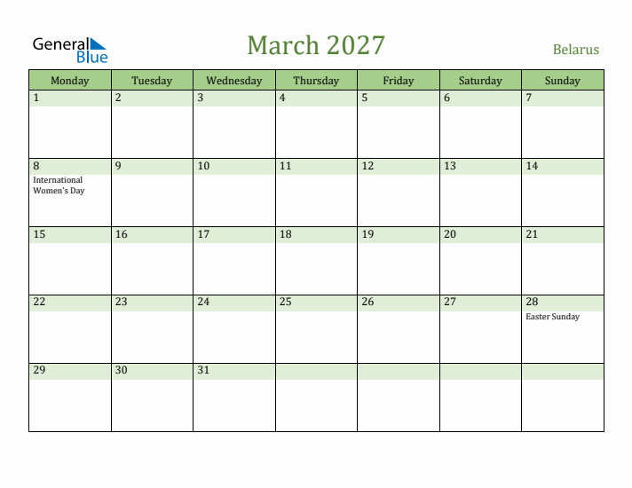 March 2027 Calendar with Belarus Holidays