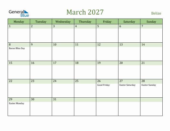 March 2027 Calendar with Belize Holidays