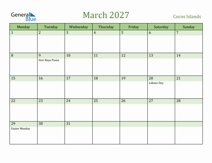 March 2027 Calendar with Cocos Islands Holidays