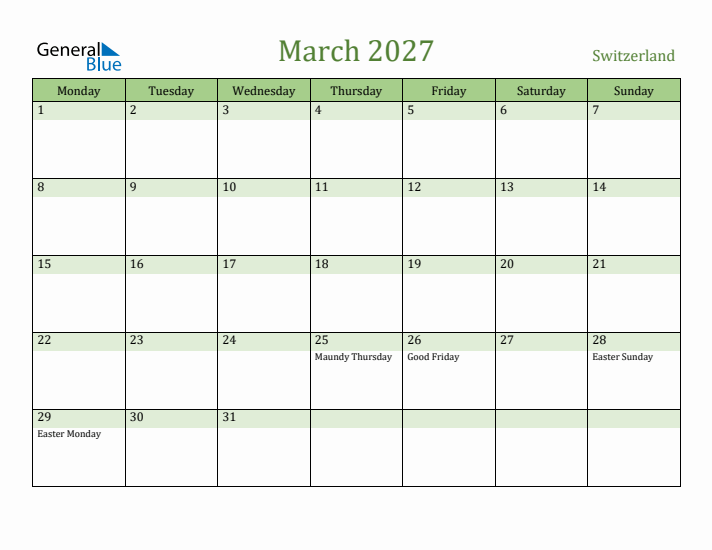 March 2027 Calendar with Switzerland Holidays