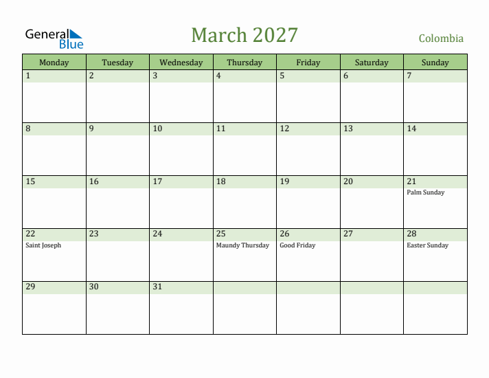 March 2027 Calendar with Colombia Holidays