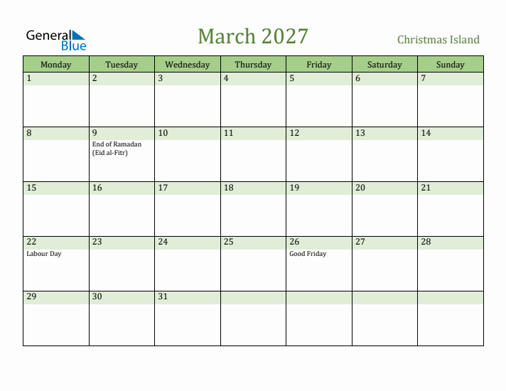 March 2027 Calendar with Christmas Island Holidays