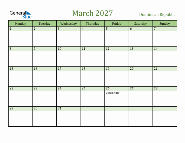 March 2027 Calendar with Dominican Republic Holidays