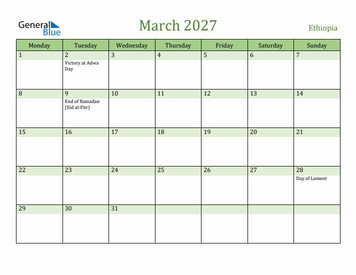 March 2027 Calendar with Ethiopia Holidays