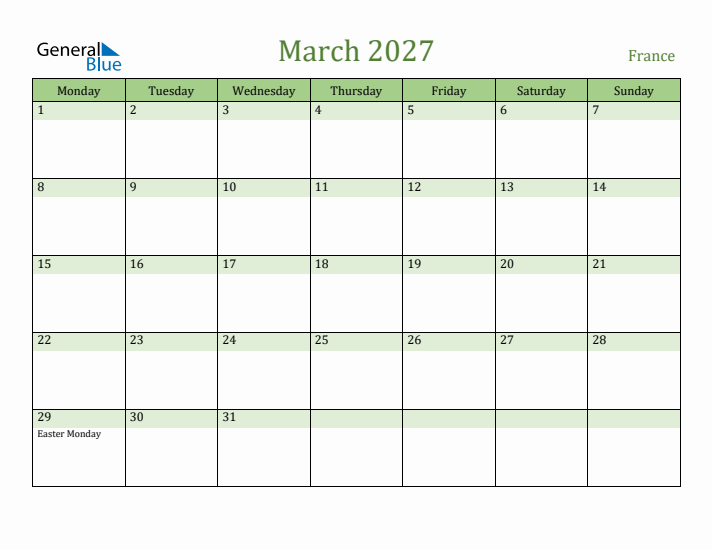 March 2027 Calendar with France Holidays