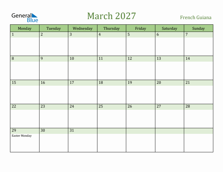 March 2027 Calendar with French Guiana Holidays