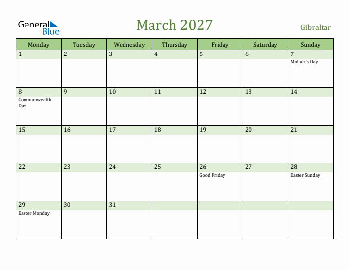 March 2027 Calendar with Gibraltar Holidays