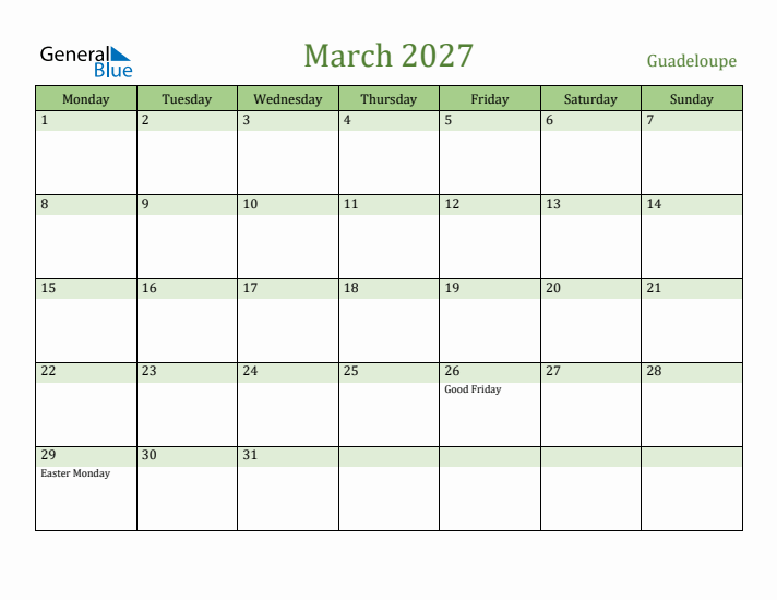 March 2027 Calendar with Guadeloupe Holidays