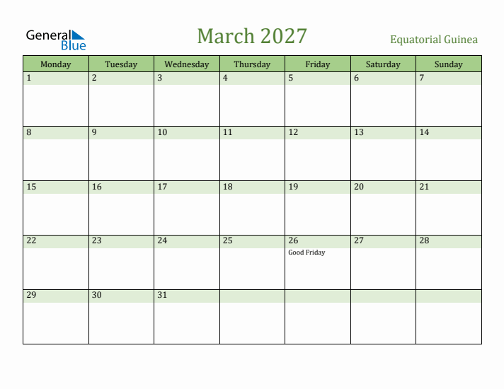 March 2027 Calendar with Equatorial Guinea Holidays