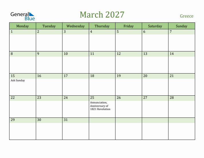 March 2027 Calendar with Greece Holidays