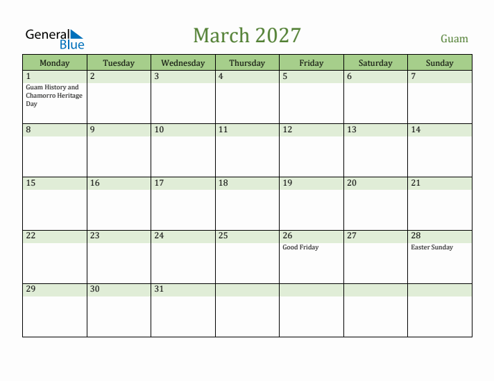 March 2027 Calendar with Guam Holidays