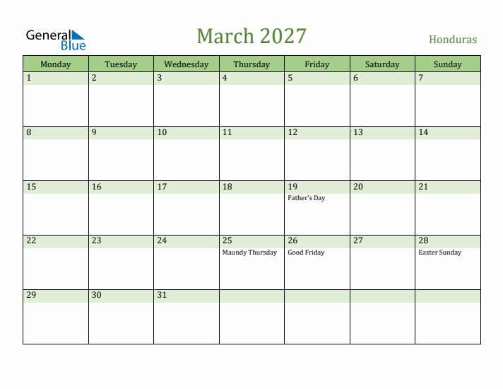 March 2027 Calendar with Honduras Holidays