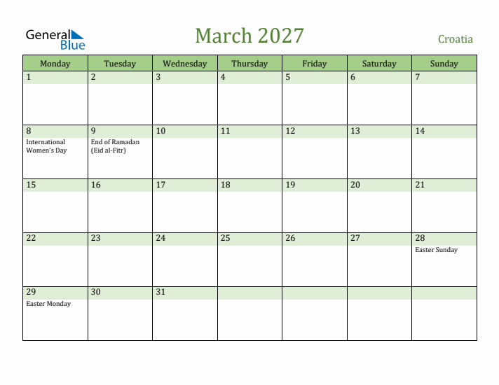 March 2027 Calendar with Croatia Holidays
