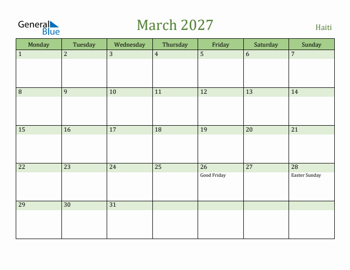 March 2027 Calendar with Haiti Holidays