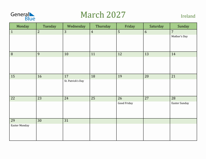 March 2027 Calendar with Ireland Holidays