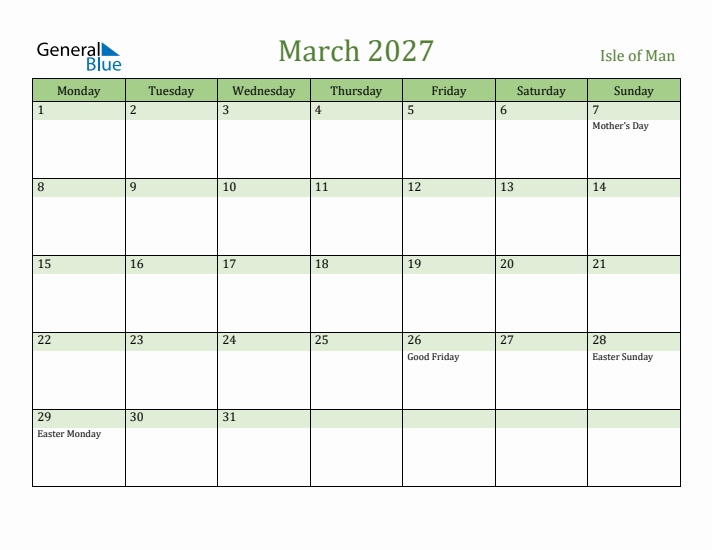 March 2027 Calendar with Isle of Man Holidays