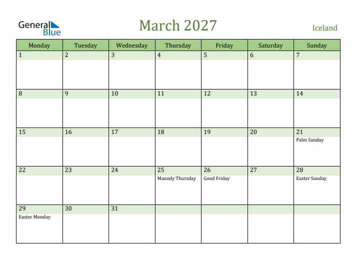 March 2027 Calendar with Iceland Holidays