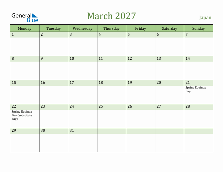 March 2027 Calendar with Japan Holidays