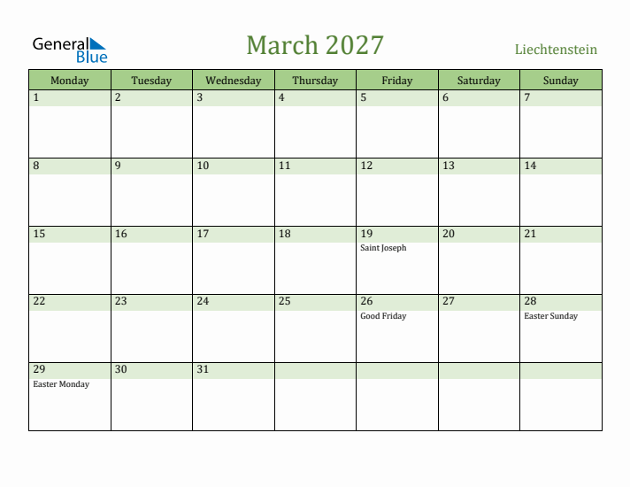 March 2027 Calendar with Liechtenstein Holidays