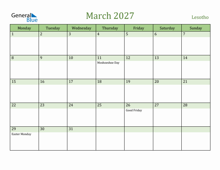 March 2027 Calendar with Lesotho Holidays