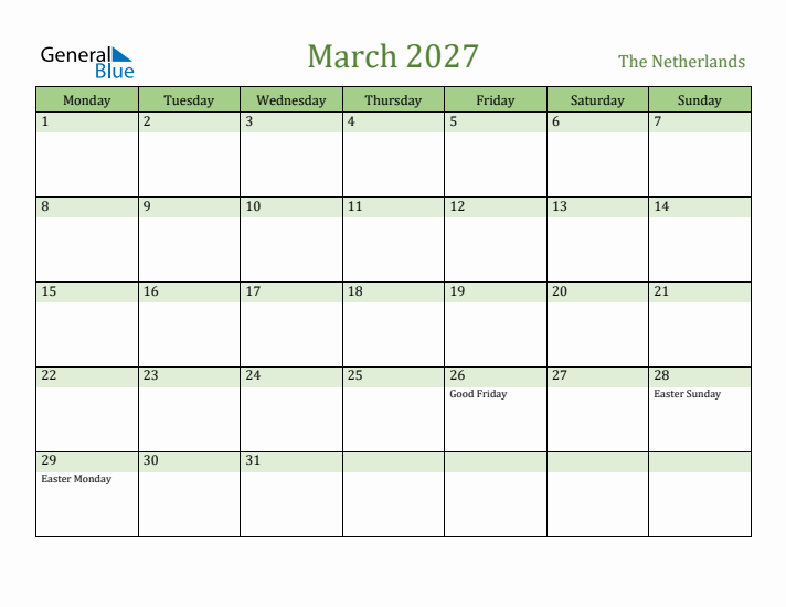 March 2027 Calendar with The Netherlands Holidays