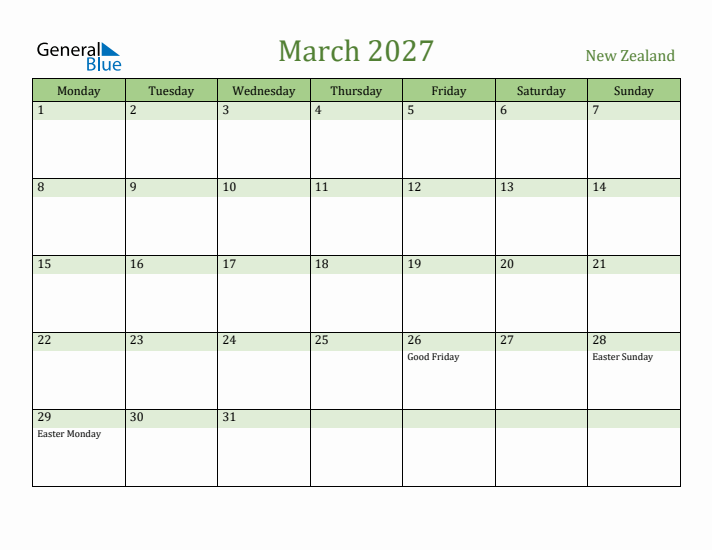 March 2027 Calendar with New Zealand Holidays