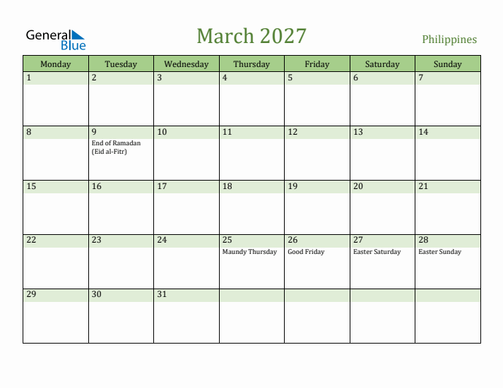 March 2027 Calendar with Philippines Holidays