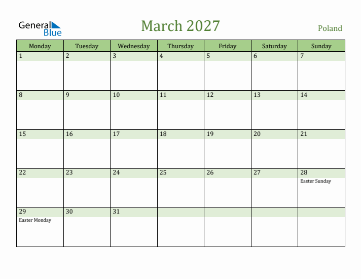 March 2027 Calendar with Poland Holidays