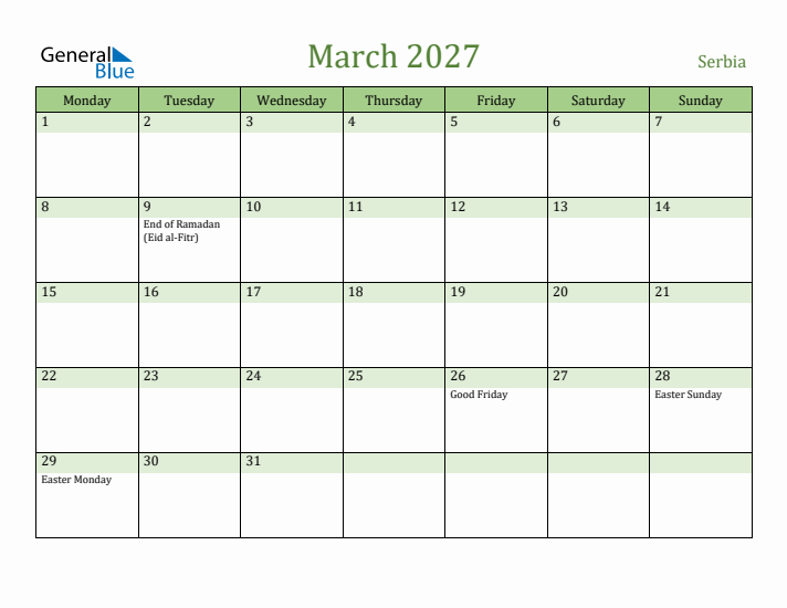 March 2027 Calendar with Serbia Holidays