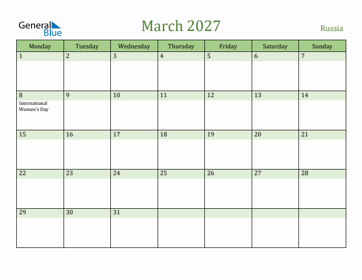 March 2027 Calendar with Russia Holidays