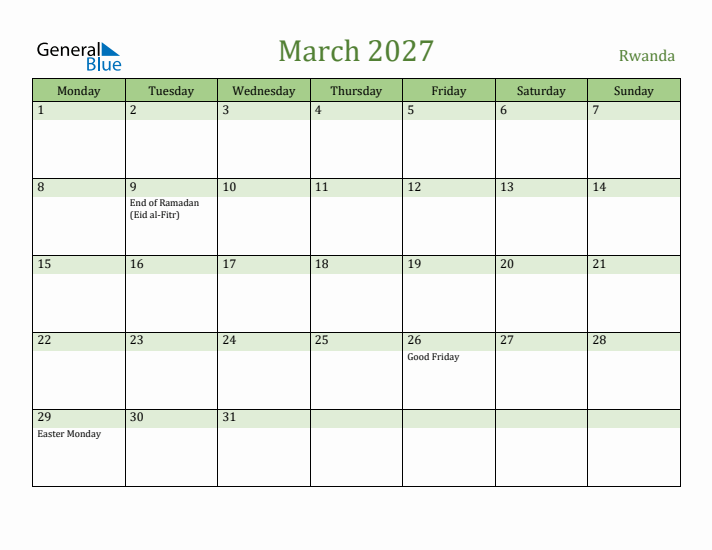 March 2027 Calendar with Rwanda Holidays