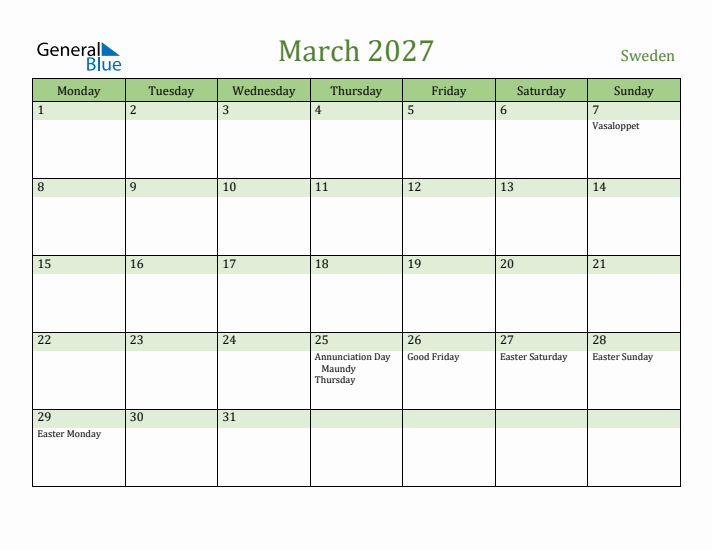 March 2027 Calendar with Sweden Holidays