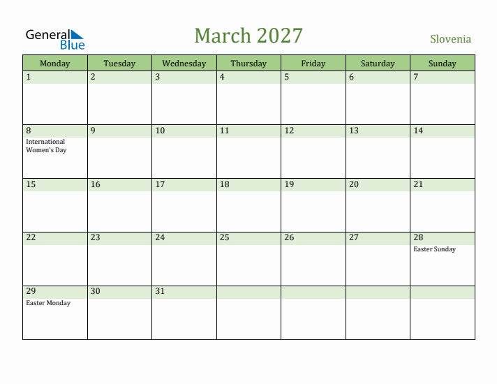 March 2027 Calendar with Slovenia Holidays