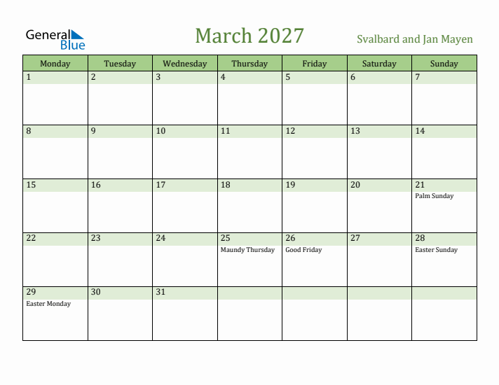March 2027 Calendar with Svalbard and Jan Mayen Holidays